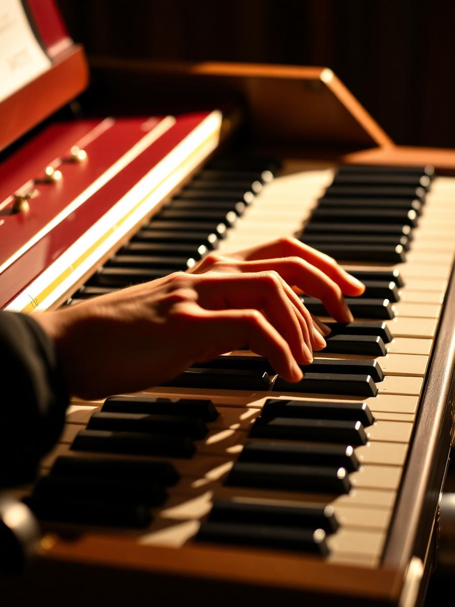 Close-up of hands playing a harmonium during a lesson
