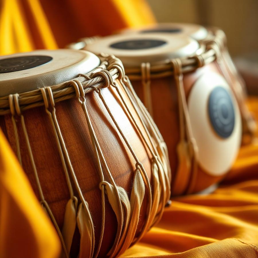 Tabla drums resting on golden fabric