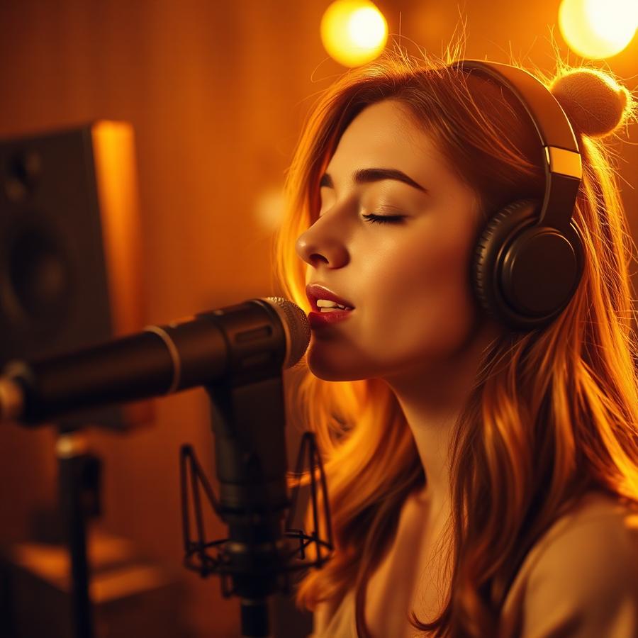 Student singing into a studio microphone